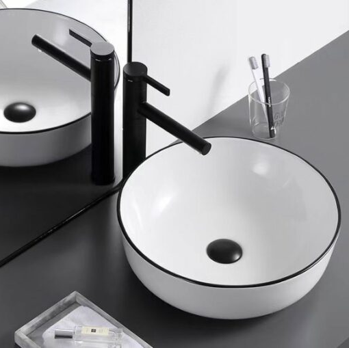 Above-Counter Round Ceramic Vessel Sink with a Black Rim SKU-2616BL
