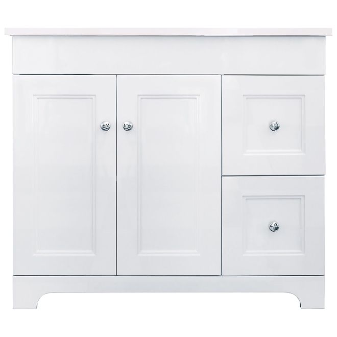 36 inch Glossy White Vanity - Right Drawers with Marble Countertop