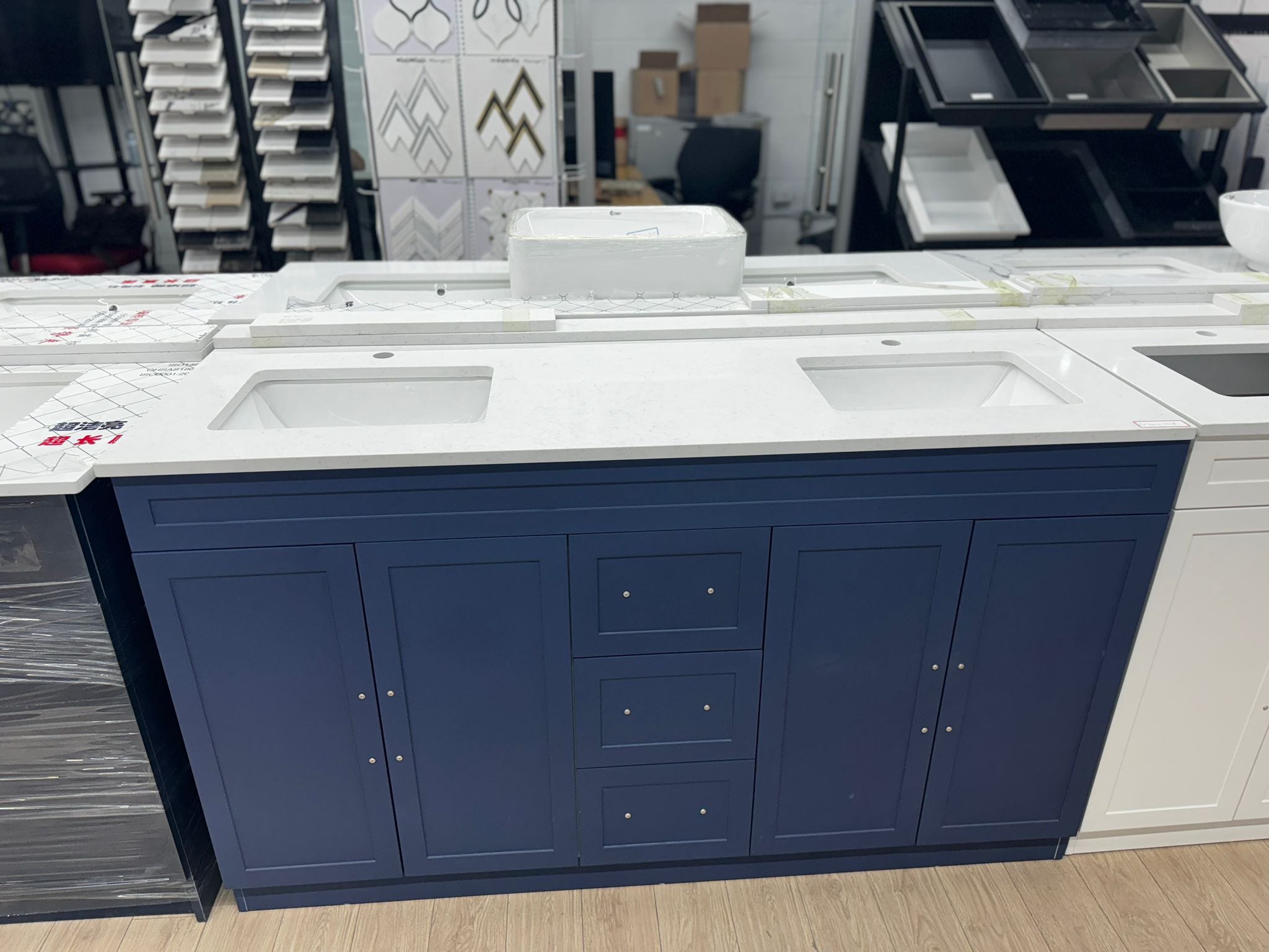 60" MDF Double Sink Blue Vanity with Quartz Countertop