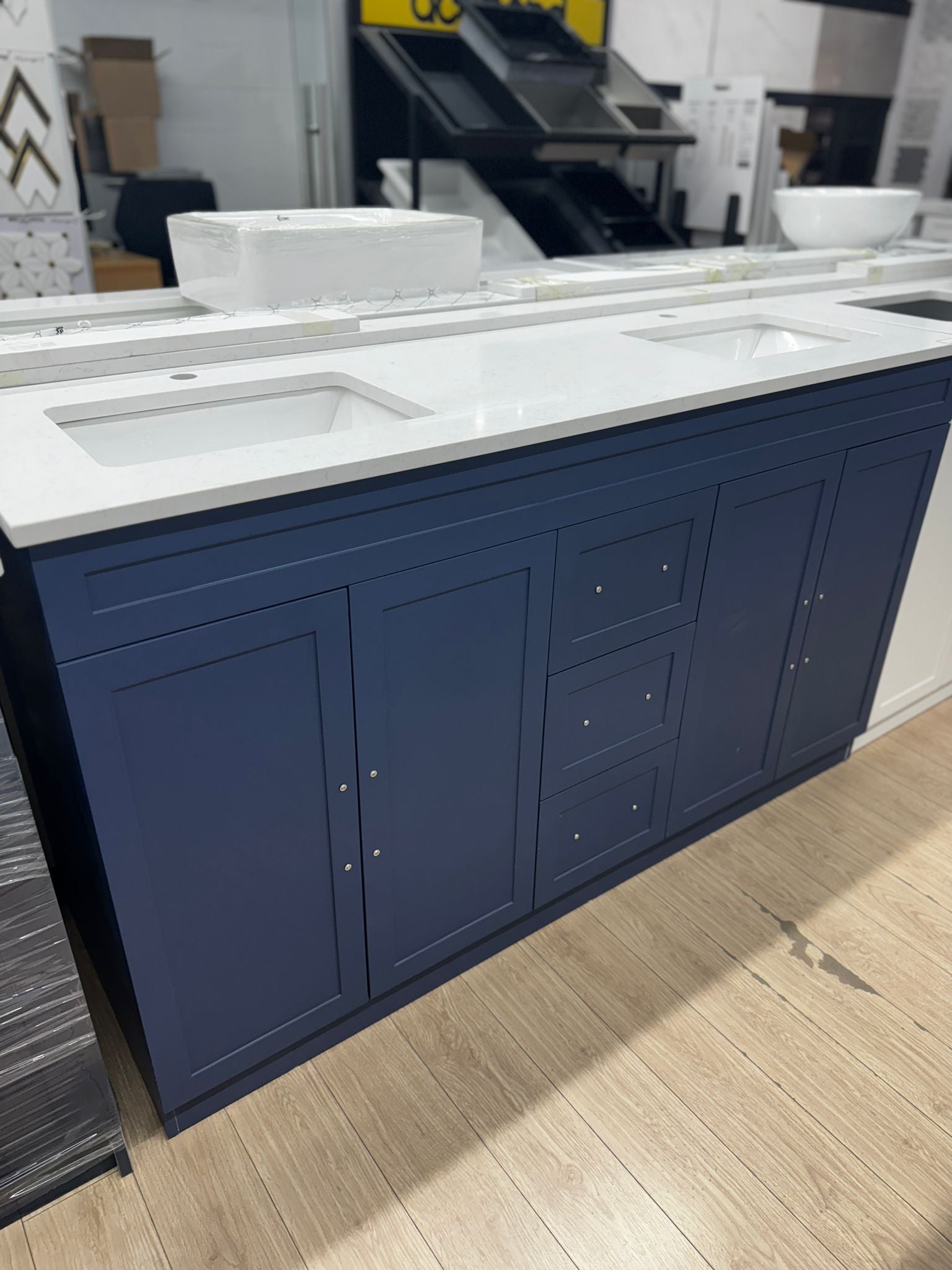 60" MDF Double Sink Blue Vanity with Quartz Countertop