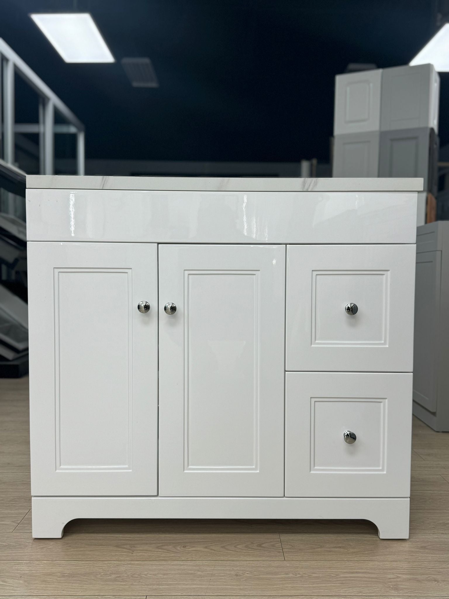 36 inch Glossy White Vanity - Right Drawers with Marble Countertop