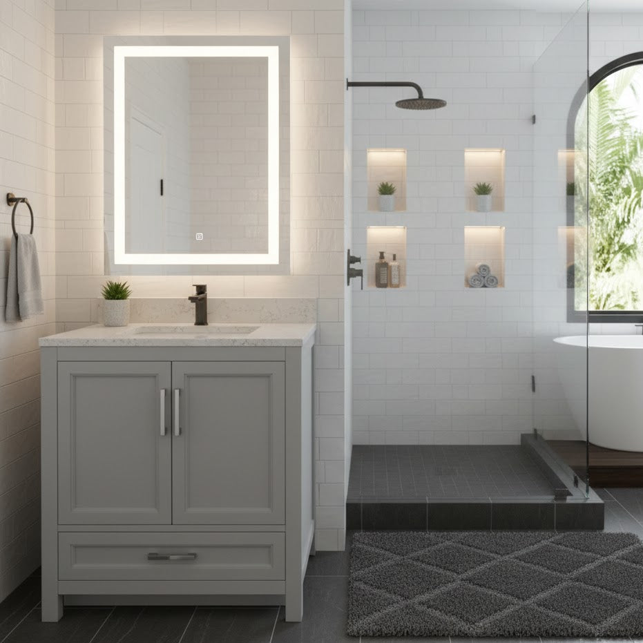 30" Dark Grey Vanity Two Door- Solid Wood with Quartz Countertop
