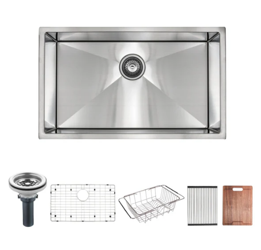 Silver Sink Single 32x18 Deep 10 Inch, With Drain &  Grid