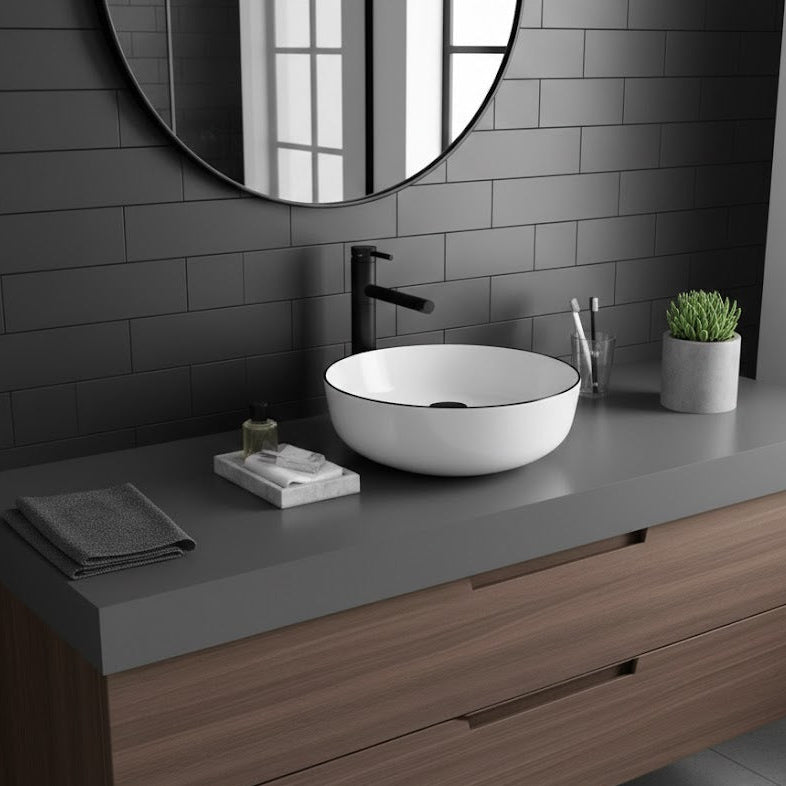 Above-Counter Round Ceramic Vessel Sink with a Black Rim SKU-2616BL